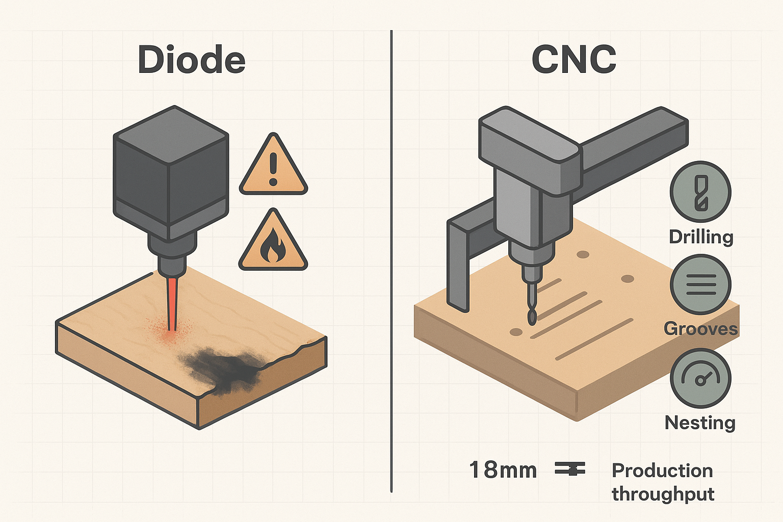 Ilustración que muestra por qué un láser de diodo de alta potencia no reemplaza un router CNC para trabajar contrachapado destinado a muebles, comparando las limitaciones del corte láser lento/de tableros gruesos con el mecanizado mediante router CNC, la perforación y el ranurado de paneles.