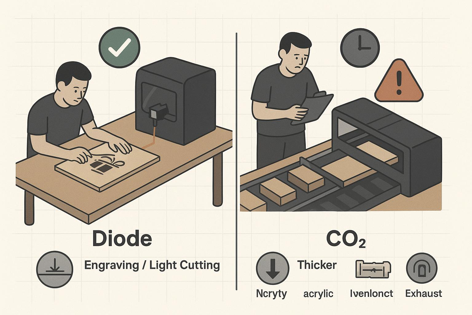 Ilustración que muestra por qué los láseres de diodo no siempre son suficientes para una pequeña empresa, comparando las ventajas del diodo para el grabado/corte ligero con las ventajas del CO2 para realizar cortes más rápidos, lograr una mayor productividad y trabajar con acrílico.