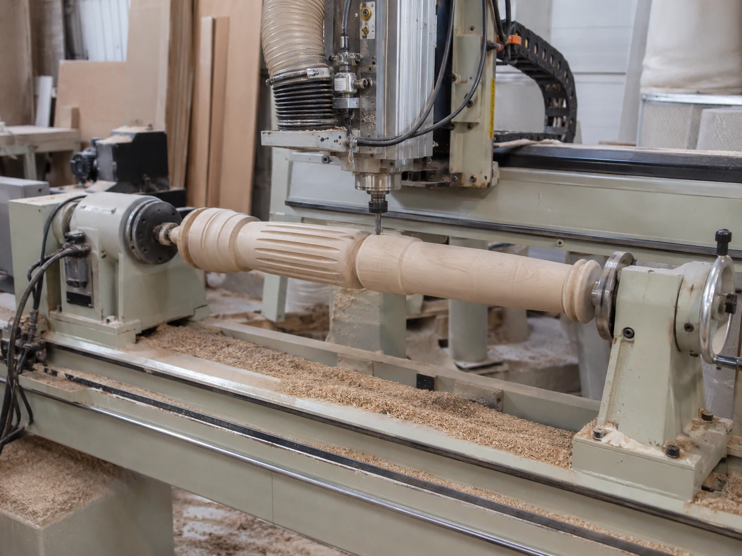 Fraiseuse CNC industrielle dans une usine de travail du bois, avec des panneaux en bois et un système d’aspiration des poussières