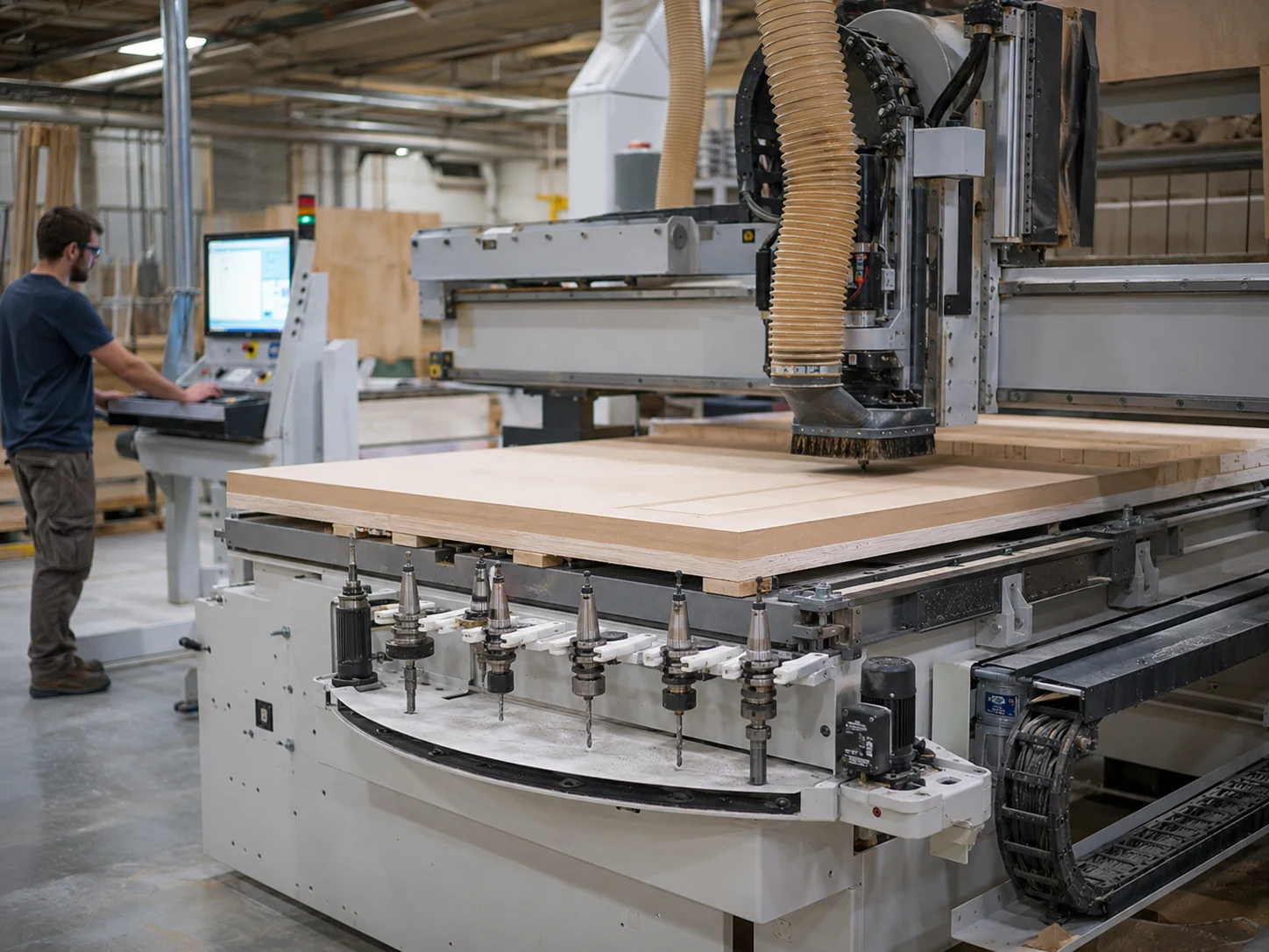 Centre d’usinage CNC pour le nesting usinant un grand panneau dans un atelier de production de meubles