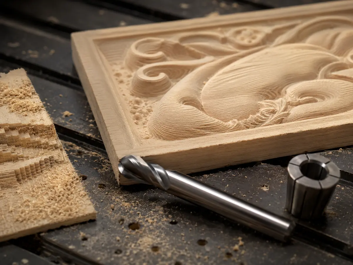 لقمة راوتر CNC كروية الرأس بجانب عينة نحت بارز ثلاثي الأبعاد