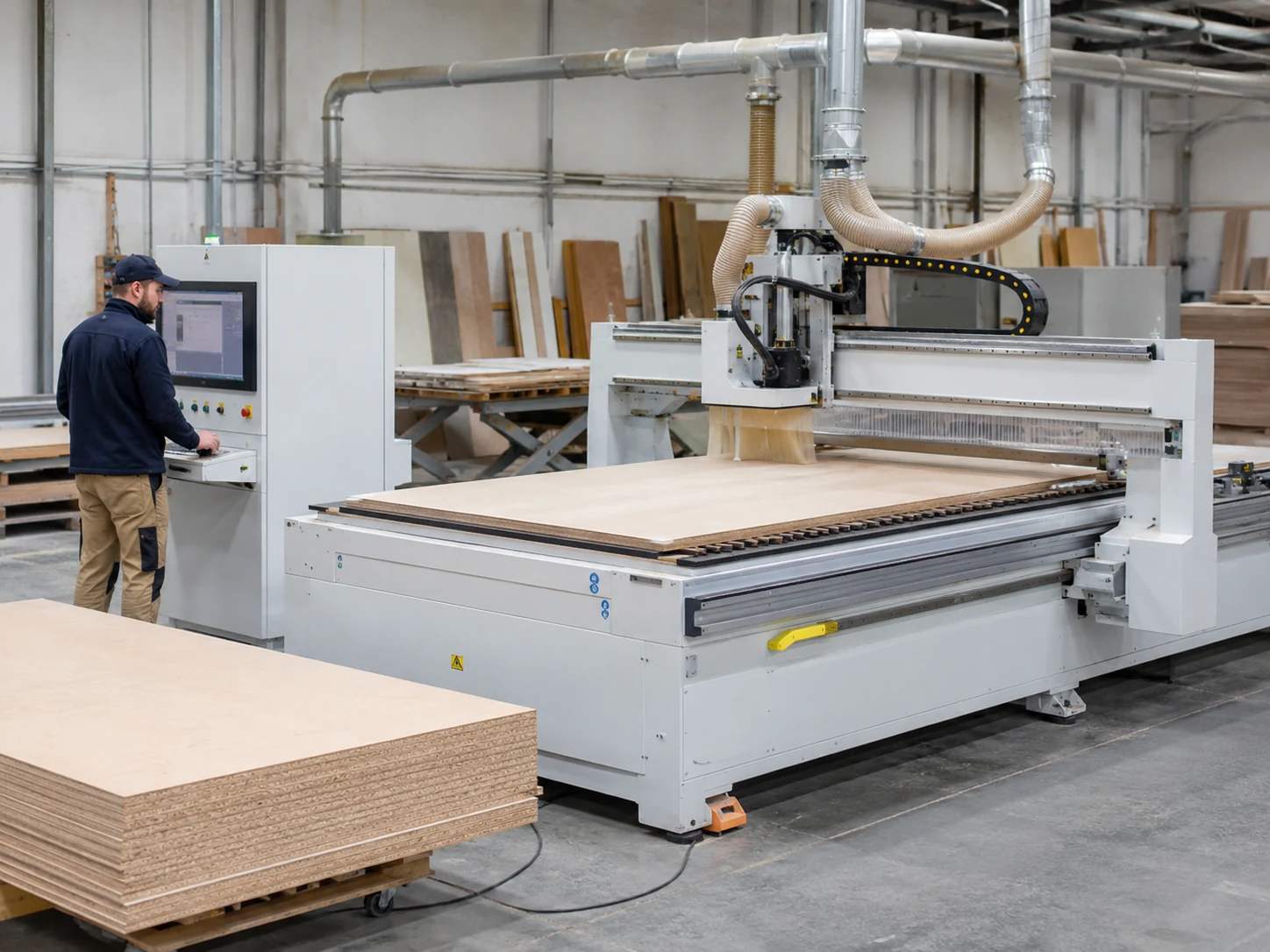 Technicien contrôlant un panneau usiné dans un atelier équipé de fraiseuses CNC