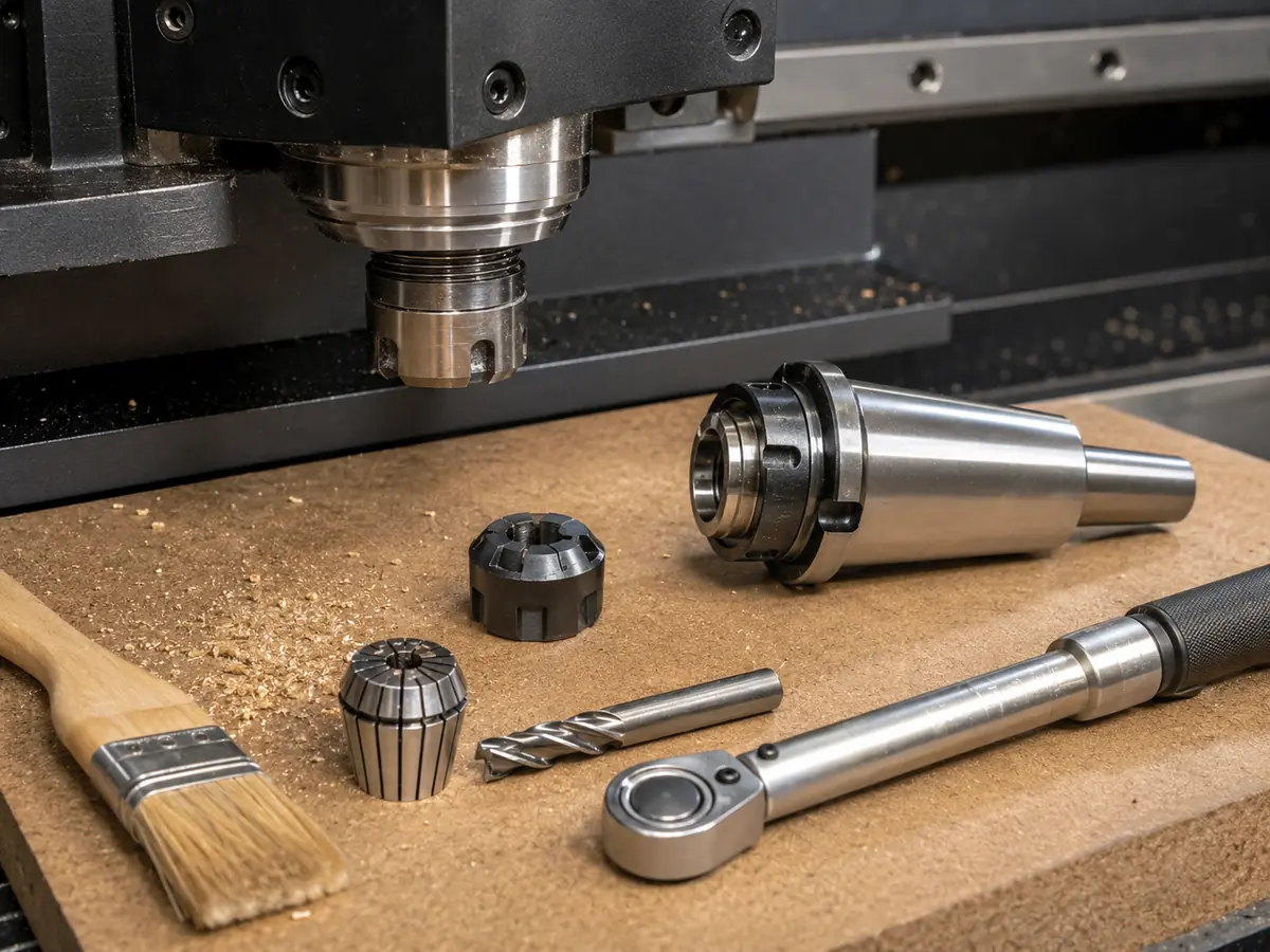 Montage d’une broche CNC, d’un porte-pince et d’une fraise pour contrôler le serrage de l’outil