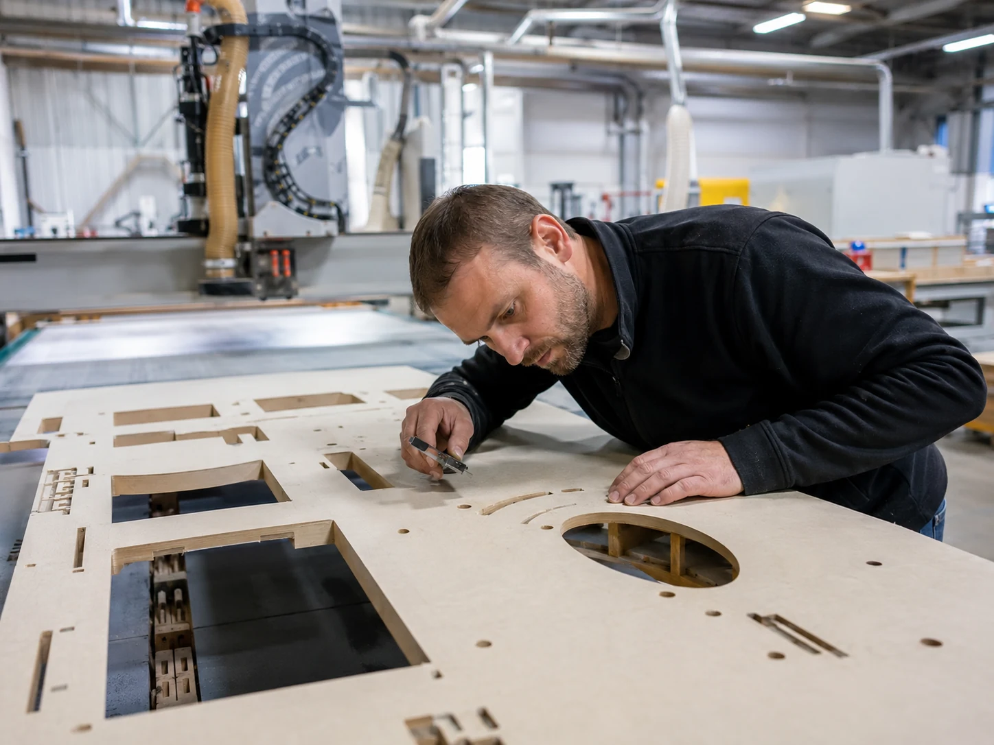 Professionnels discutant d’un devis pour une fraiseuse CNC à côté d’équipements industriels