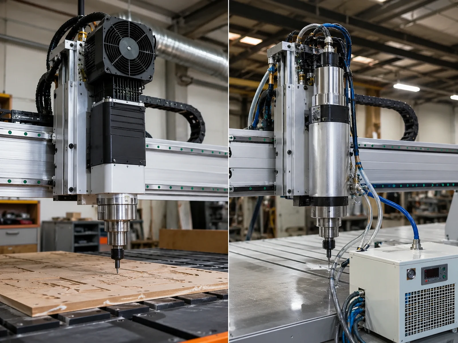 Illustration conceptuelle : vue réaliste d’un atelier comparant des configurations de broches CNC refroidies par air et par eau