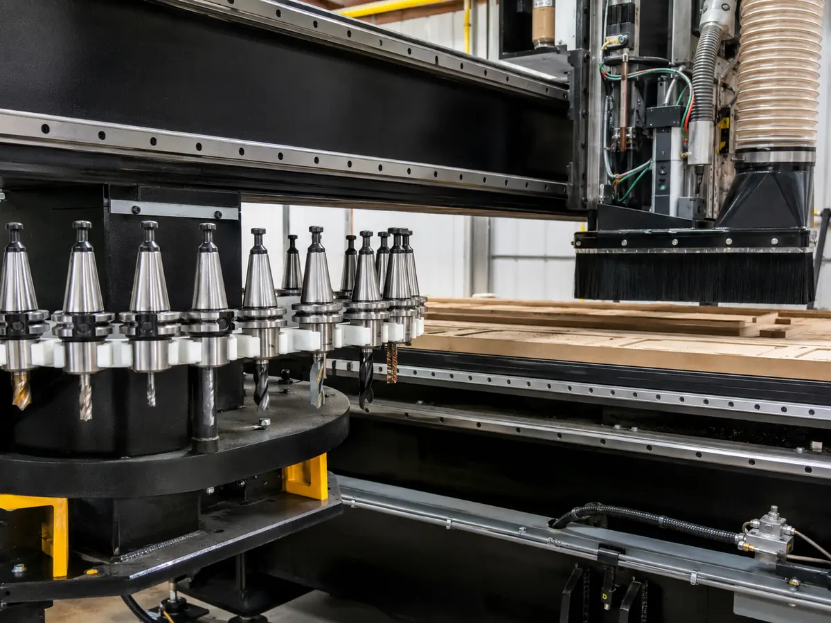 Almacén de herramientas de un router CNC con cambio automático junto al husillo