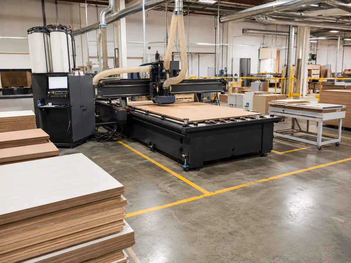 Router CNC grande instalado en el piso de una fábrica con espacio abierto para carga