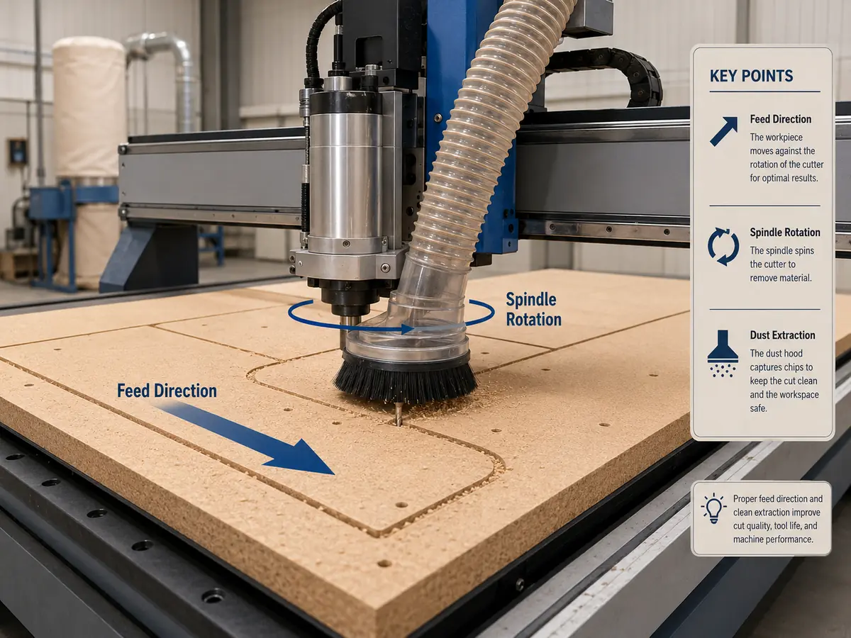 CNC router cutting a panel with visible spindle, cutter and machining path