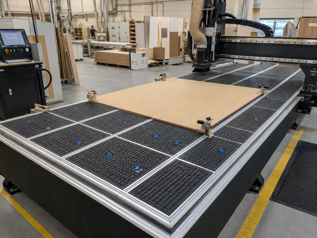 Mesa de vacío de un router CNC sujetando un tablero grande durante el fresado