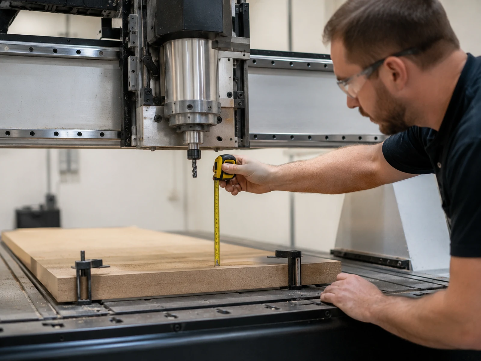 Opérateur mesurant le dégagement d’une fraiseuse CNC au-dessus d’une pièce en bois