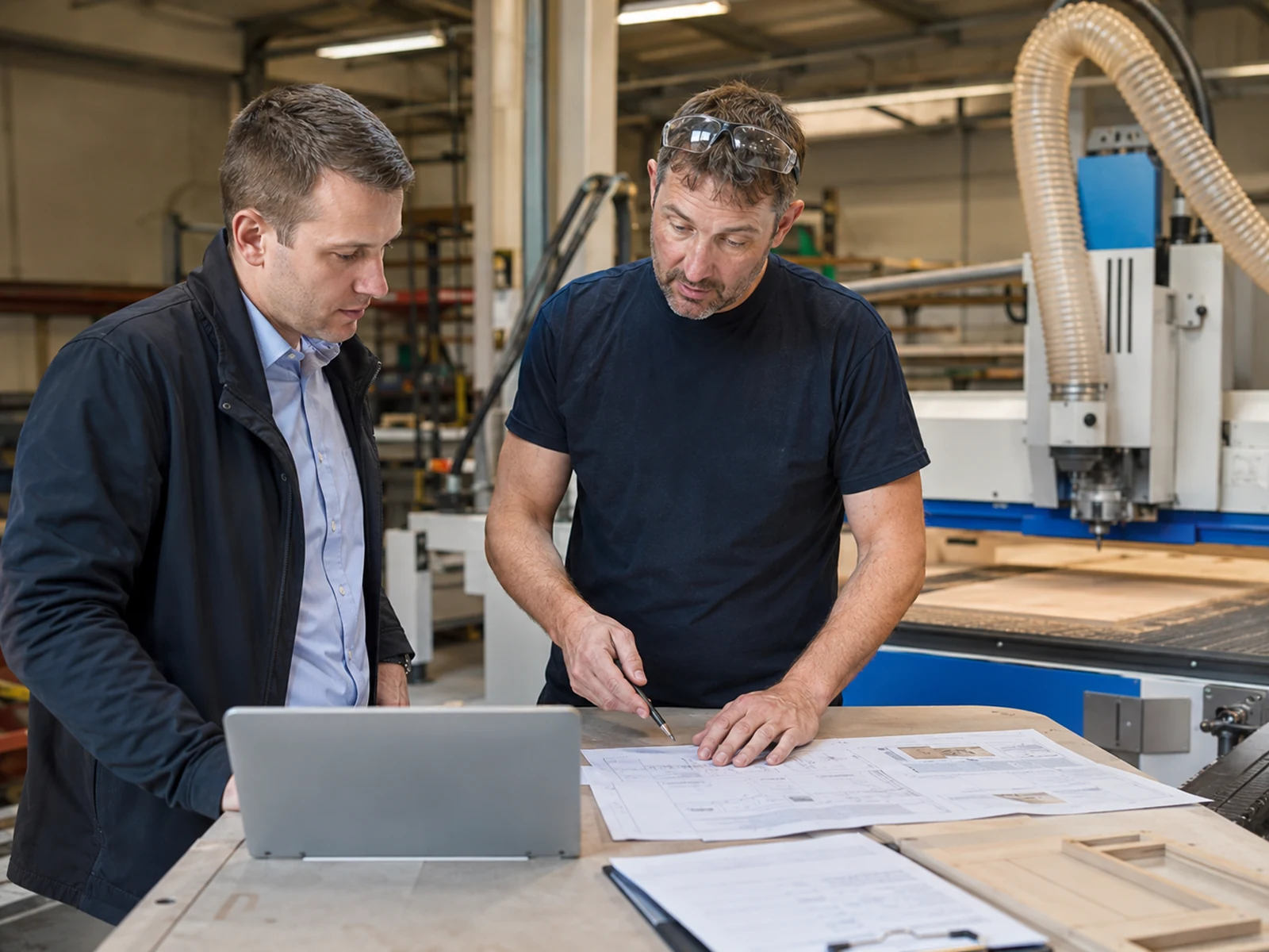 Illustration conceptuelle : équipe d’atelier examinant la configuration d’une fraiseuse CNC et les exigences de production