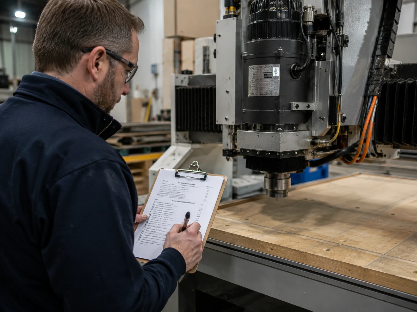 Illustration conceptuelle : opérateur vérifiant une broche CNC et la liste de contrôle de réception de la machine à proximité d’une fraiseuse CNC