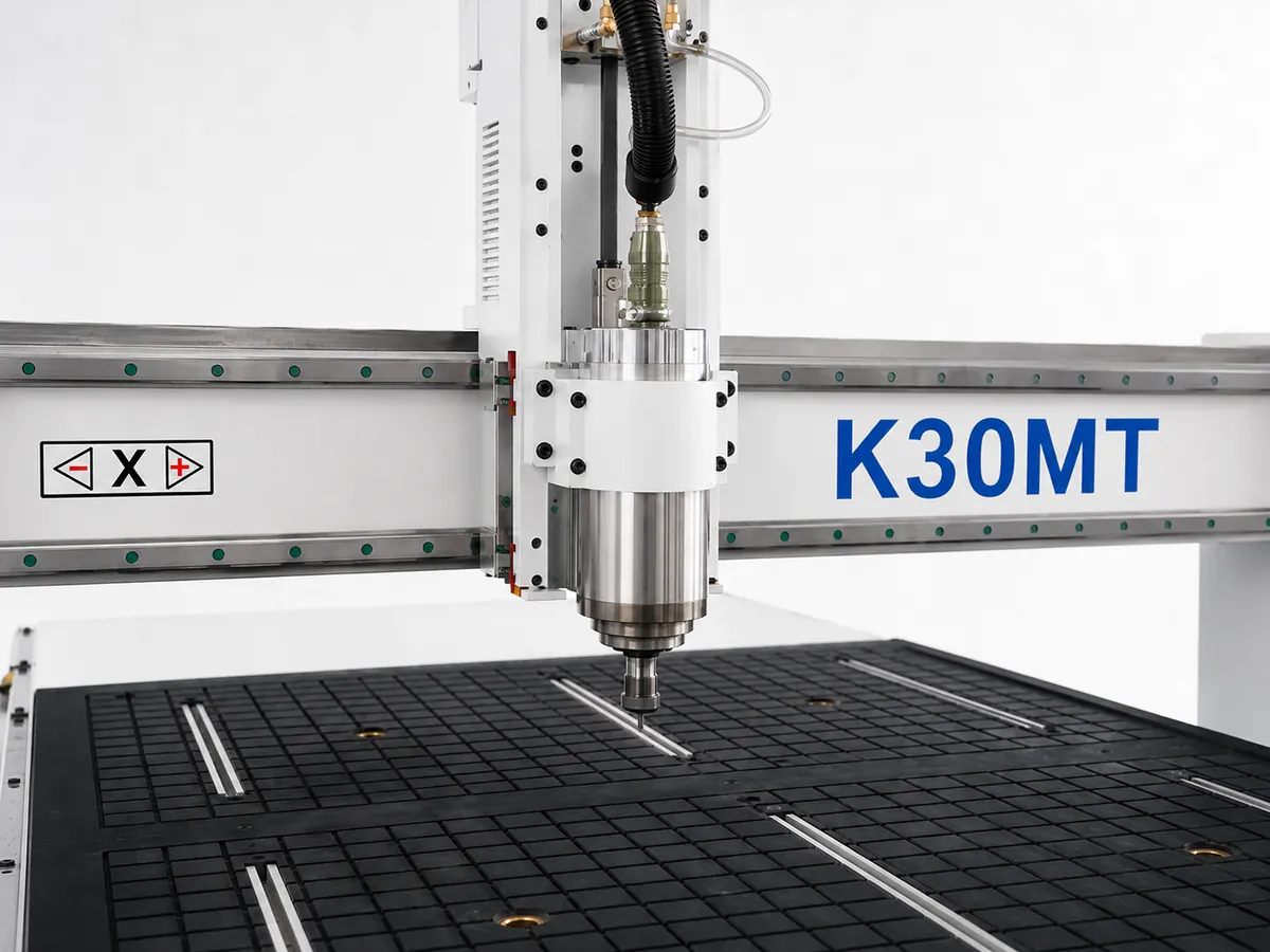 تفاصيل مغزل التشغيل وطاولة العمل في Quick CNC K30MT مع نظام يدوي لتثبيت الأدوات ER20