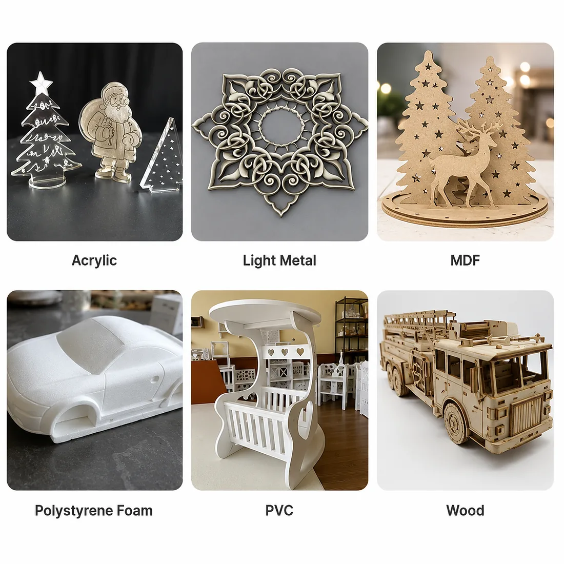 K60MT CNC router material applications including acrylic MDF foam PVC and wood