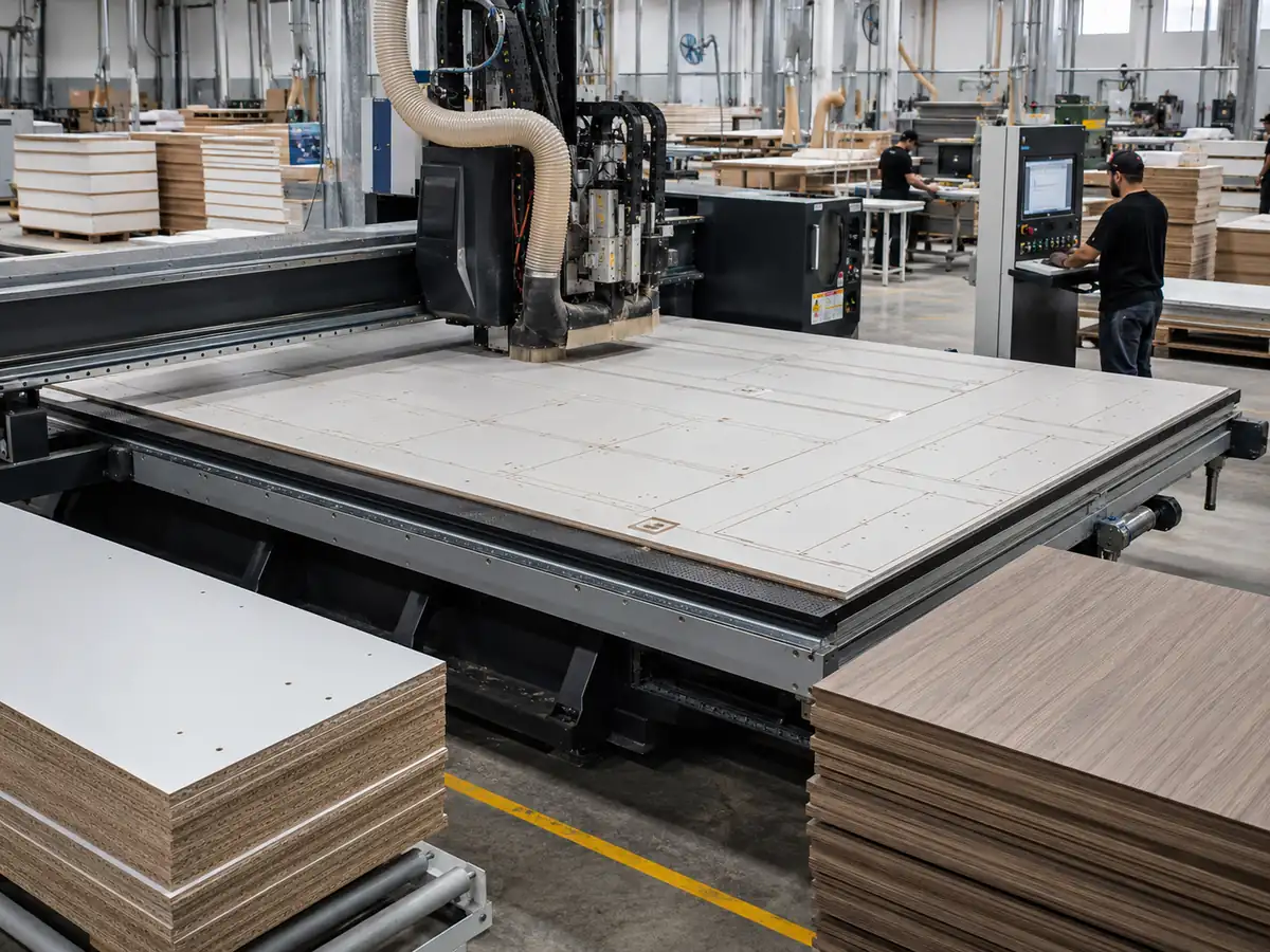 Máquina CNC nesting cortando piezas para muebles de panel a partir de un tablero completo