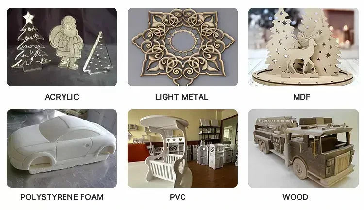 Exemples d’applications de fraisage sur acrylique, métal léger, MDF, mousse, PVC et bois