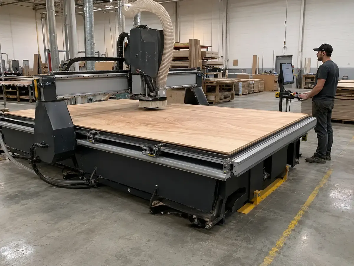 Scène réaliste montrant une fraiseuse CNC usinant un grand panneau rigide avec aspiration des poussières et commande par un opérateur.