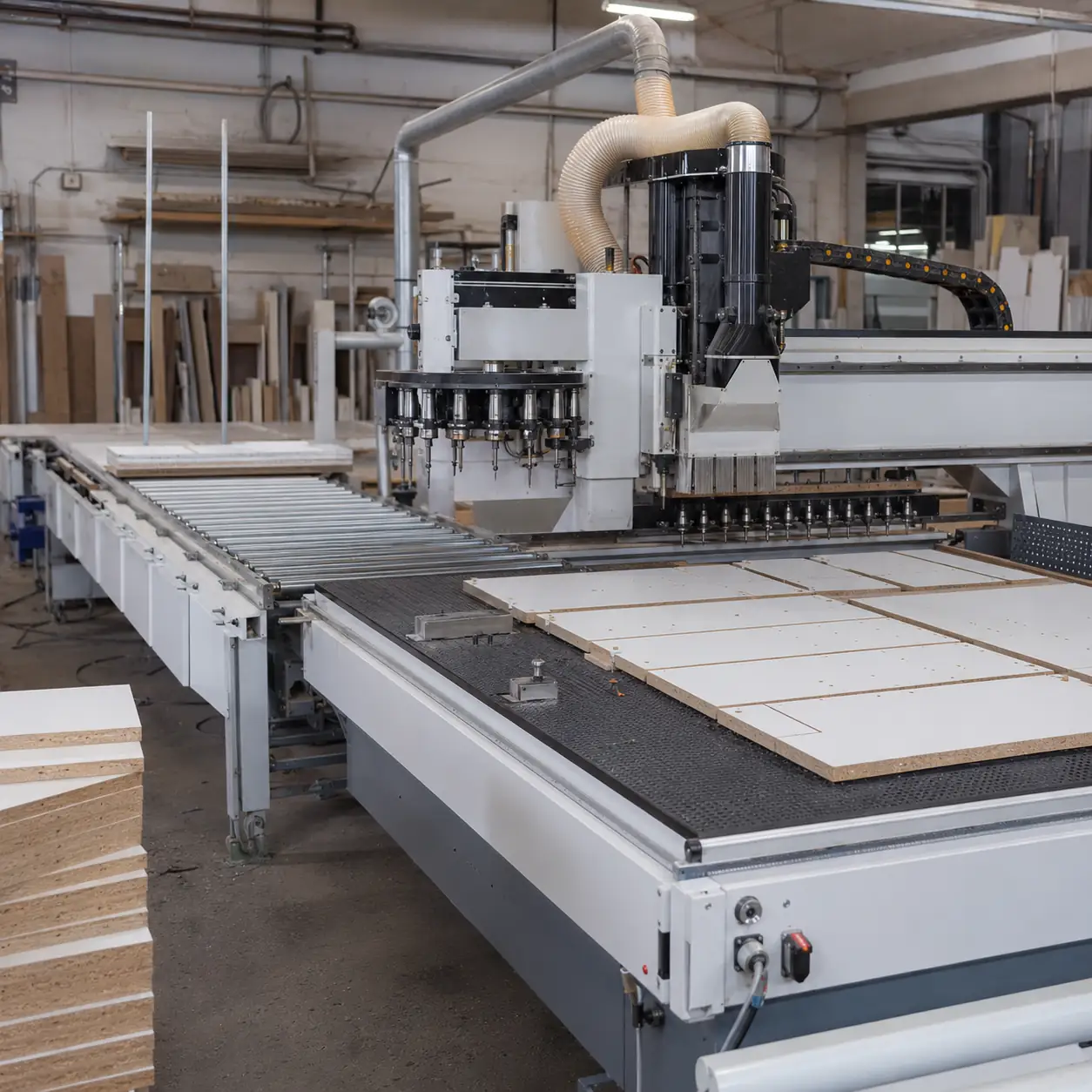رسم توضيحي لمشهد واقعي لماكينة CNC بتقنية Nesting مع ATC ووحدة مثاقب لمعالجة ألواح الخزائن
