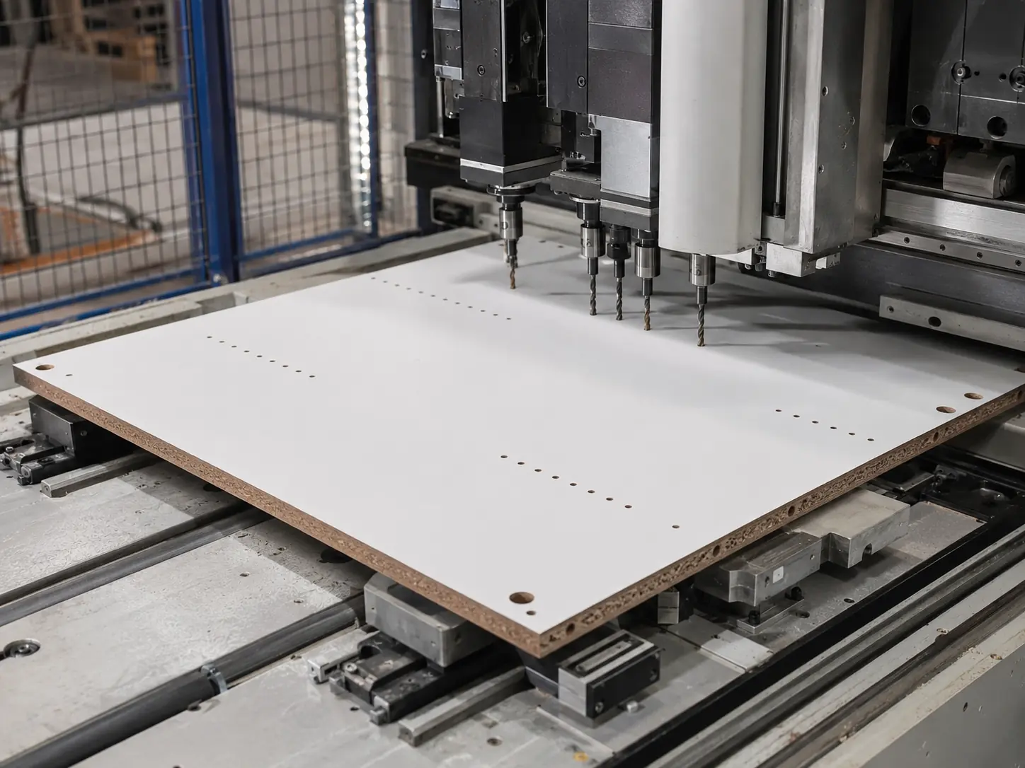 Realistic scene illustration of CNC drilling on a laminated cabinet panel with rows of connector and shelf holes