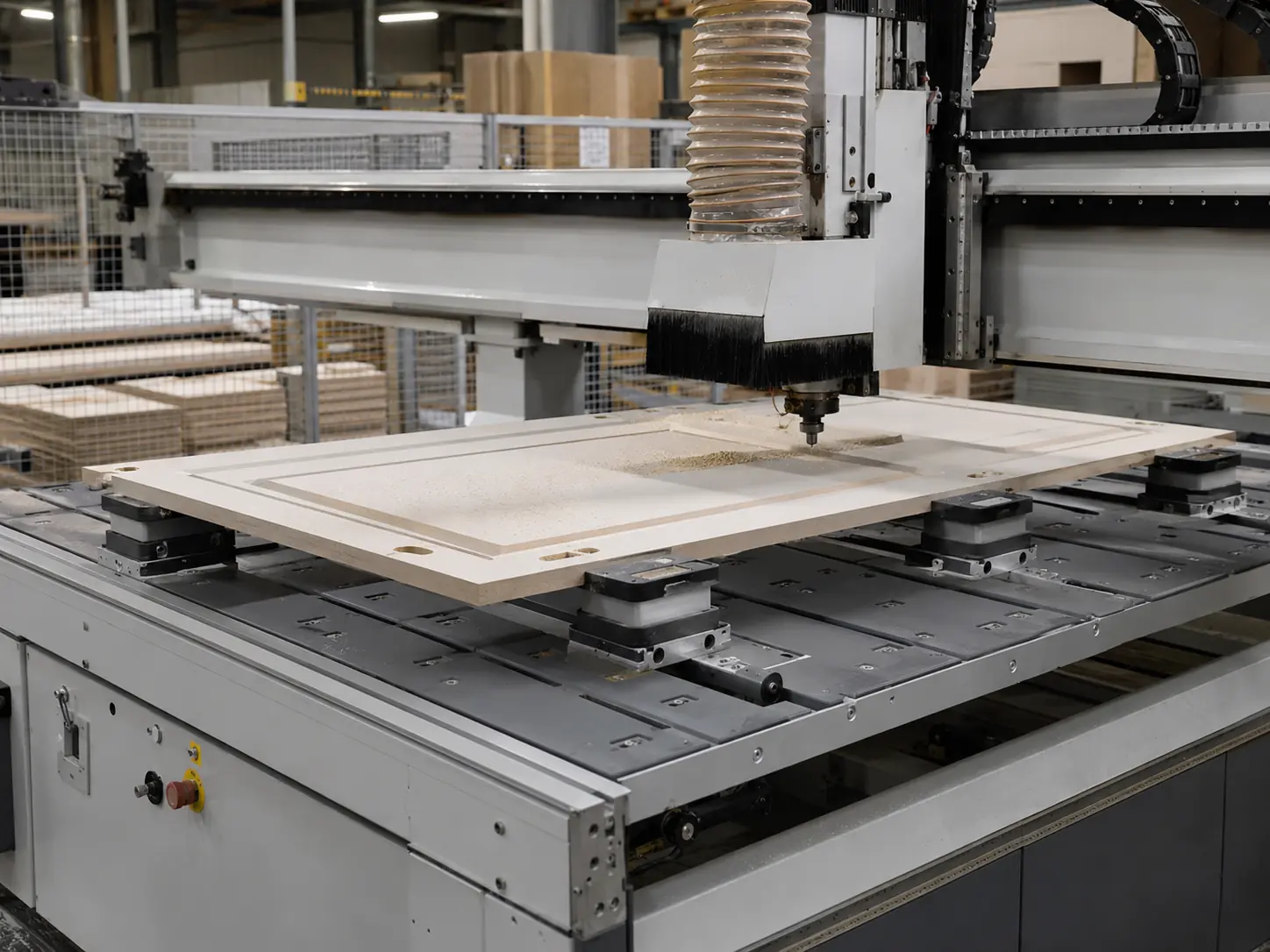 Realistic scene illustration of a PTP CNC router machining a cabinet door or furniture panel on a pod-and-rail table