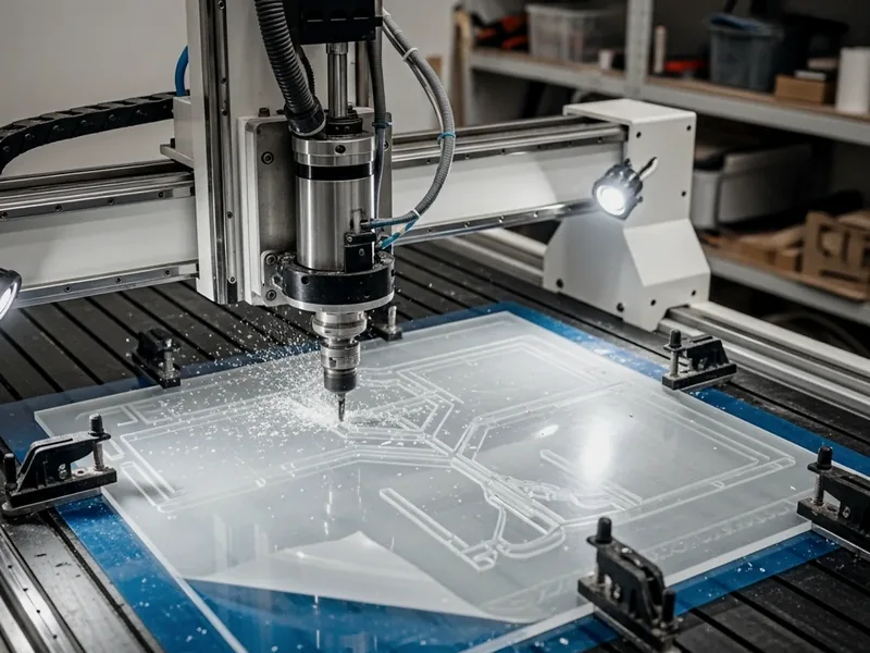 Router CNC usinando uma chapa de acrílico transparente