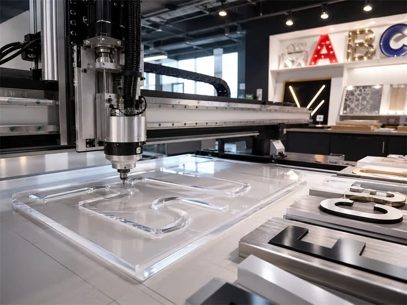 Scène réaliste de fabrication d'enseignes par fraisage CNC, pour matériaux en feuilles rigides et éléments d'affichage usinés.