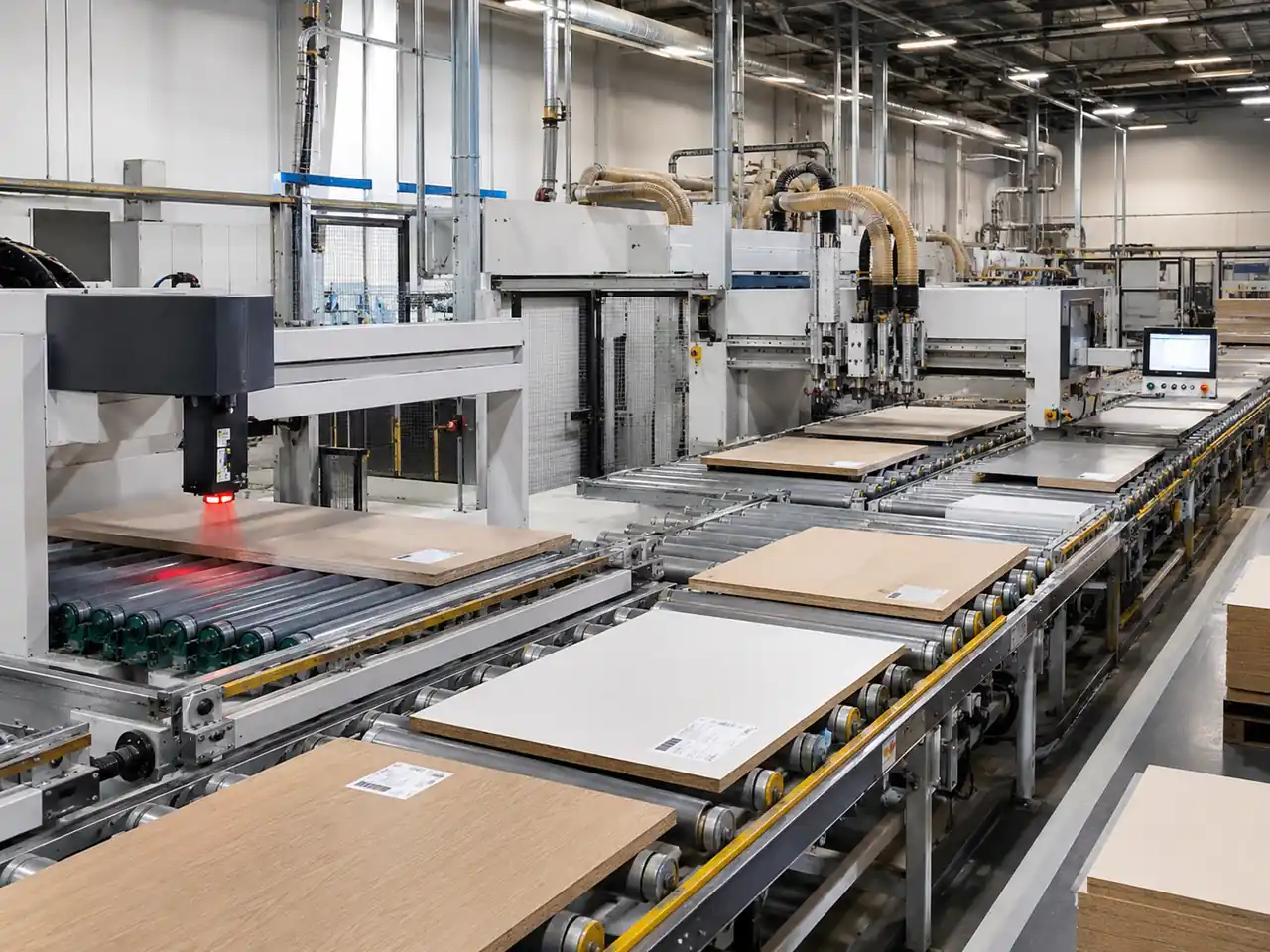 Realistic scene illustration of an automated panel furniture production line with labeling drilling and conveyor flow