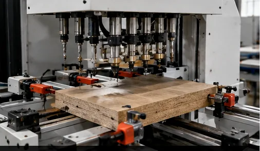 Illustration conceptuelle d’une machine de perçage CNC six faces pour panneaux de meubles
