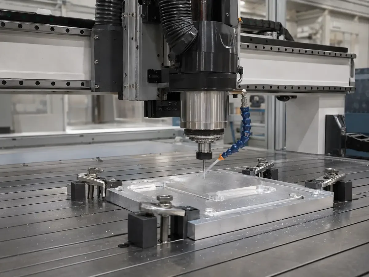 Scène conceptuelle d'atelier montrant une fraiseuse CNC usinant de l'aluminium tendre avec bridage mécanique et assistance à la maîtrise des copeaux.