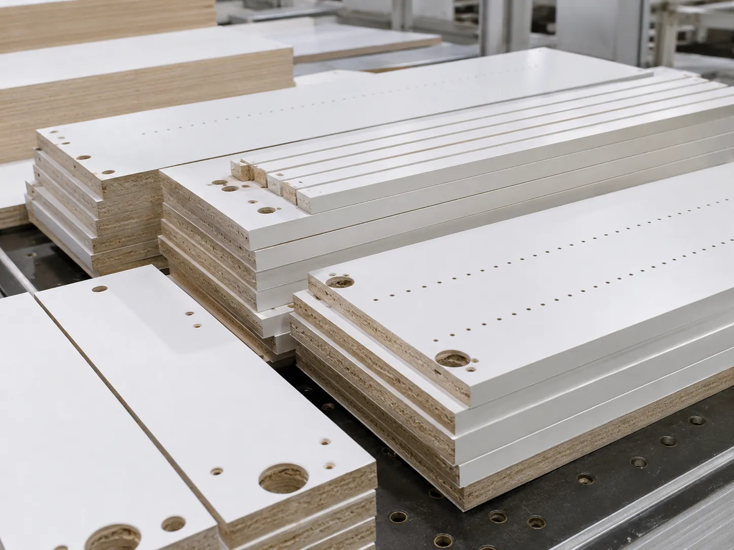 Realistic scene illustration of finished cabinet panels with shelf holes connector holes grooves and clean machined edges