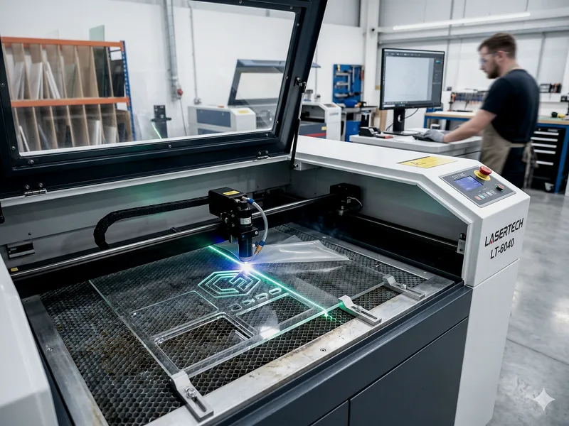 Cortadora a laser de CO2 enclausurada processando material em chapa