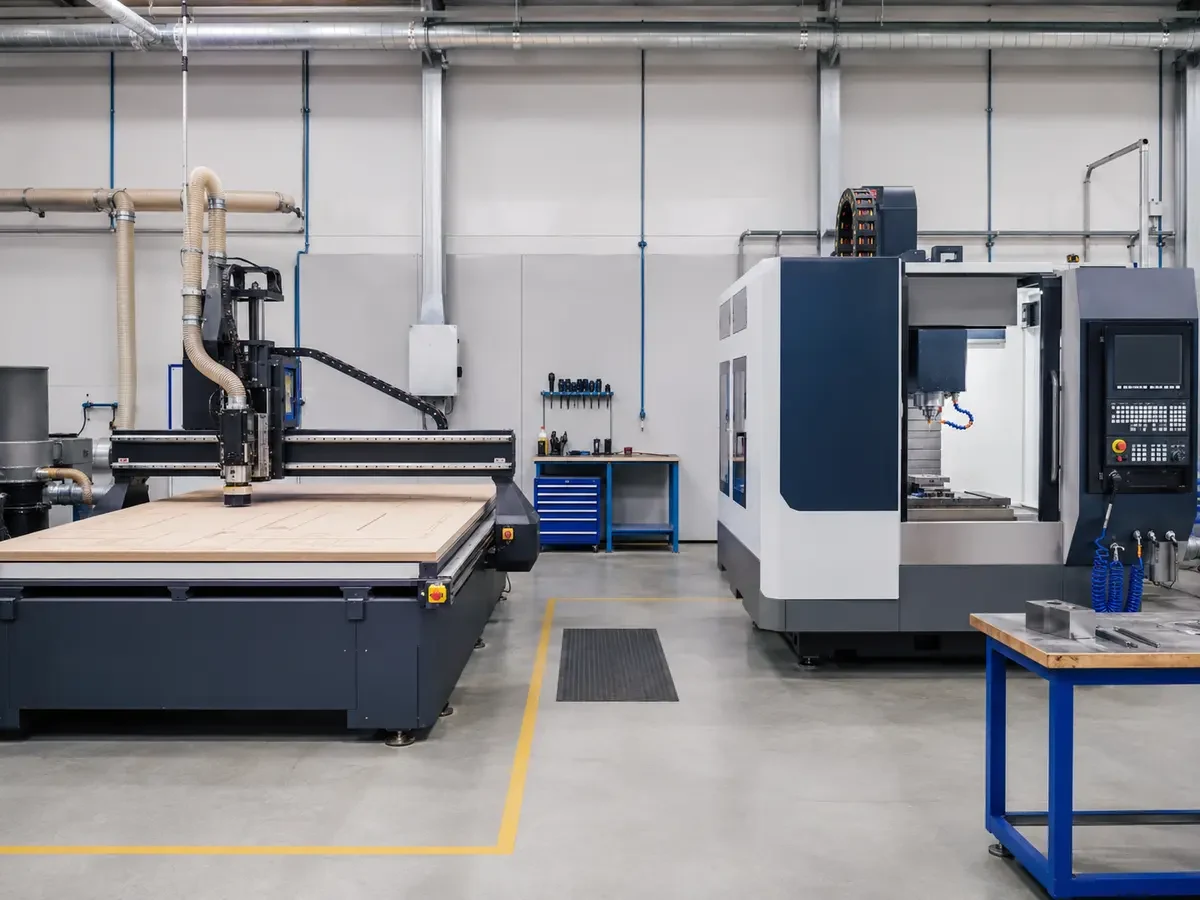 Scène conceptuelle d'atelier comparant une fraiseuse CNC grand format à une fraiseuse CNC pour métaux.