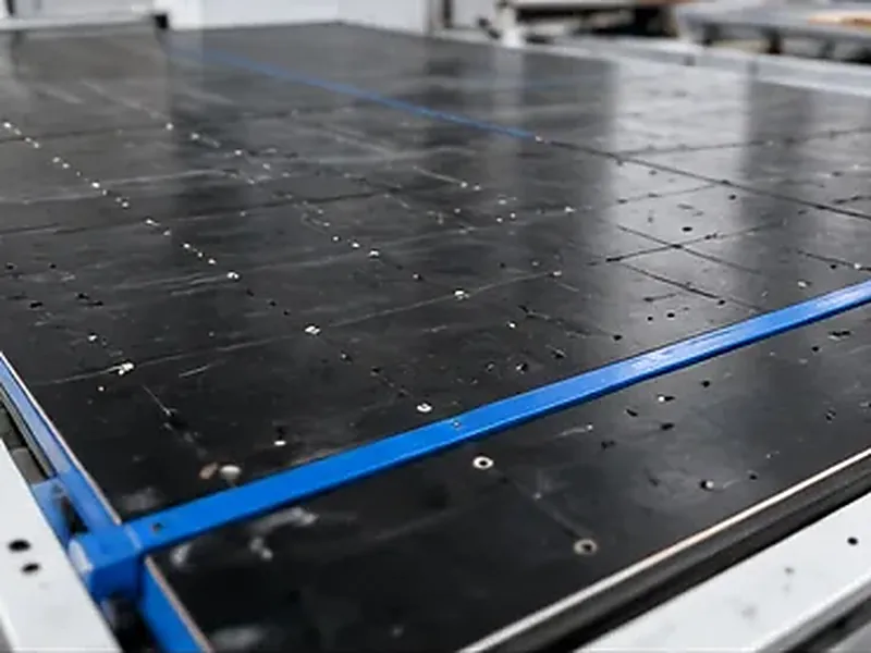 Illustration conceptuelle d'une table de travail à vide maintenant un panneau pendant le perçage CNC
