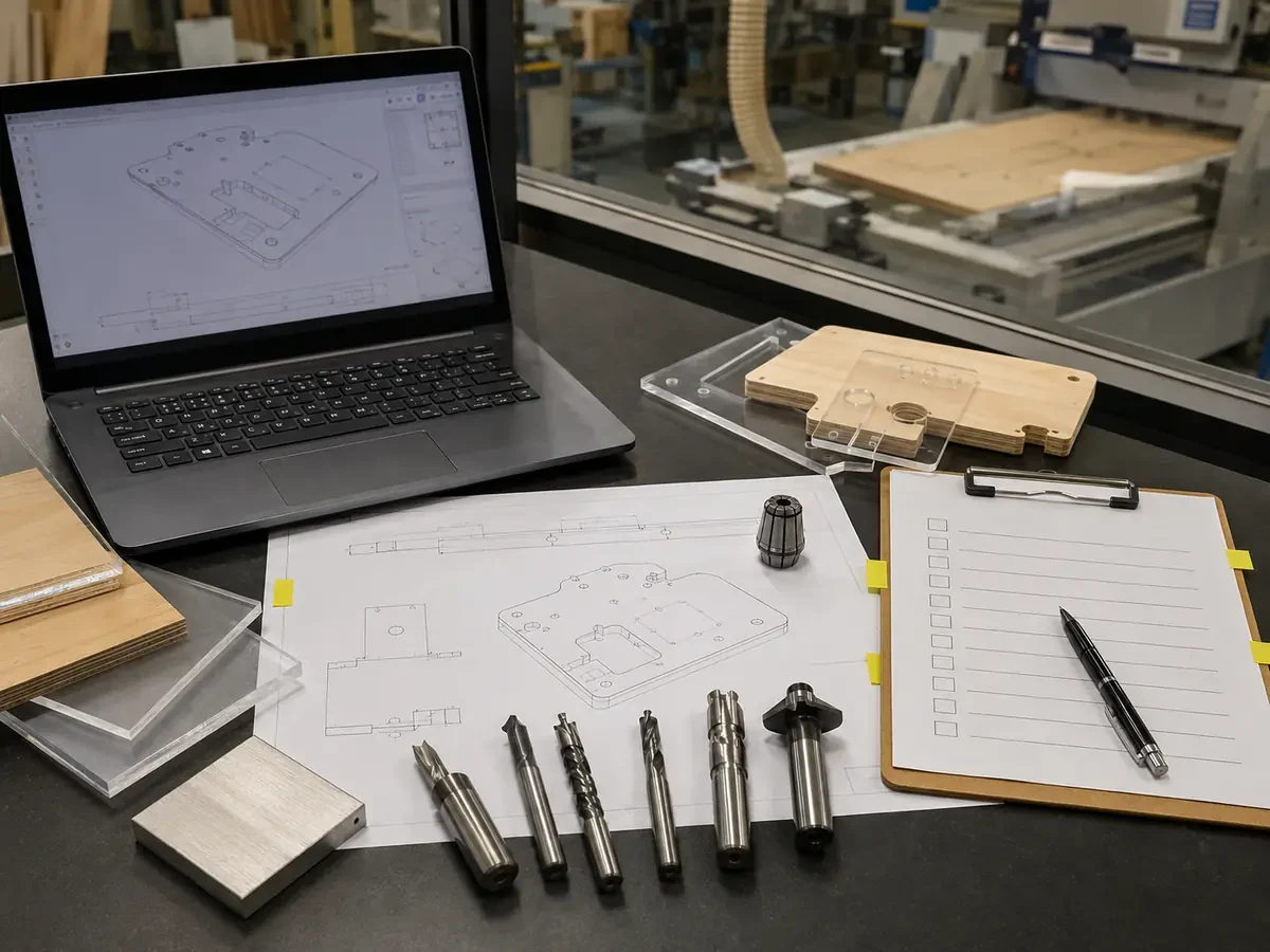Illustration réaliste de la préparation d'une demande de devis pour une fraiseuse CNC, avec plans, échantillons de matériaux et outils de coupe.