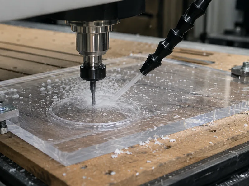 Router CNC que utiliza un chorro de aire para retirar las virutas de acrílico del corte, ilustración de una escena realista