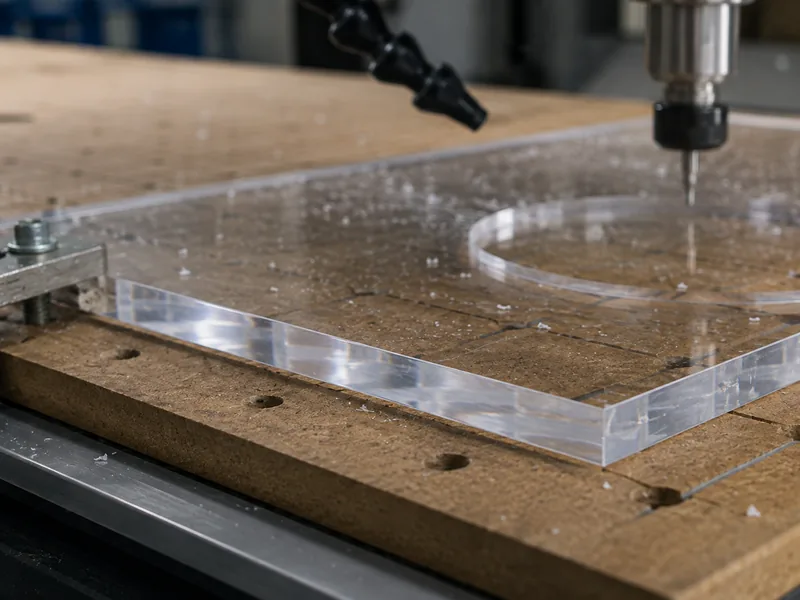 Router CNC realizando una pasada de acabado en acrílico para obtener bordes de mejor calidad, ilustración de una escena realista