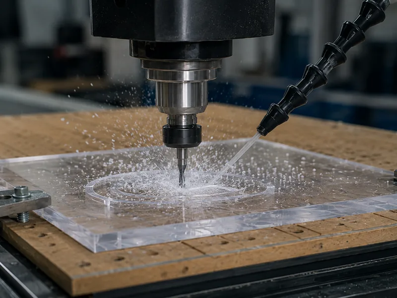 Router CNC cortando una lámina de acrílico transparente con soplado de aire para retirar las virutas, ilustración realista de la escena