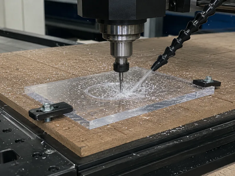 Router CNC cortando acrílico con sujeción segura y soplado de aire, ilustración realista de la escena
