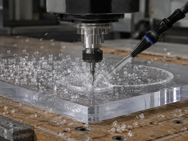 Router CNC cortando acrílico con virutas visibles alrededor de la trayectoria de la herramienta, ilustración de una escena realista