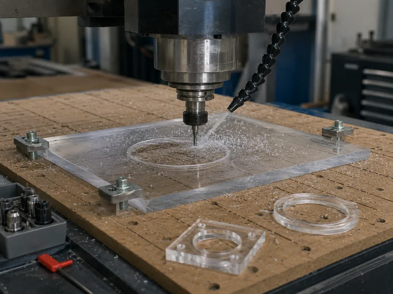 Configuración de mecanizado CNC de acrílico con piezas de muestra mecanizadas sobre la mesa, ilustración de una escena realista