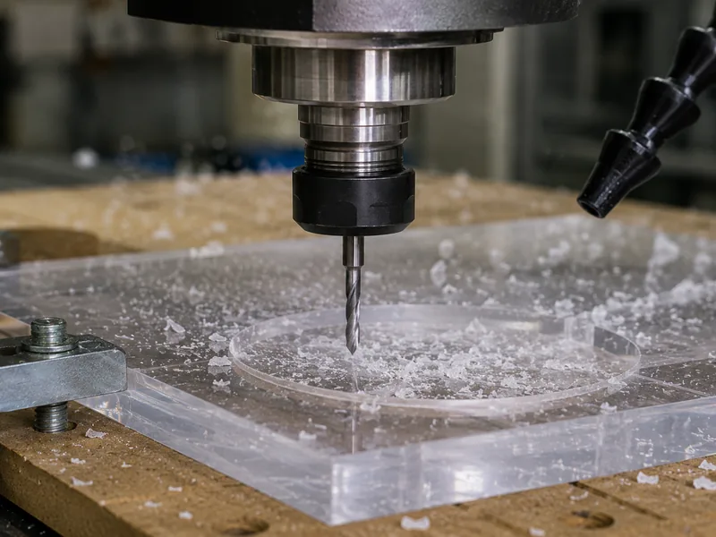 Fresa de router CNC cortando acrílico transparente con virutas visibles, ilustración de una escena realista