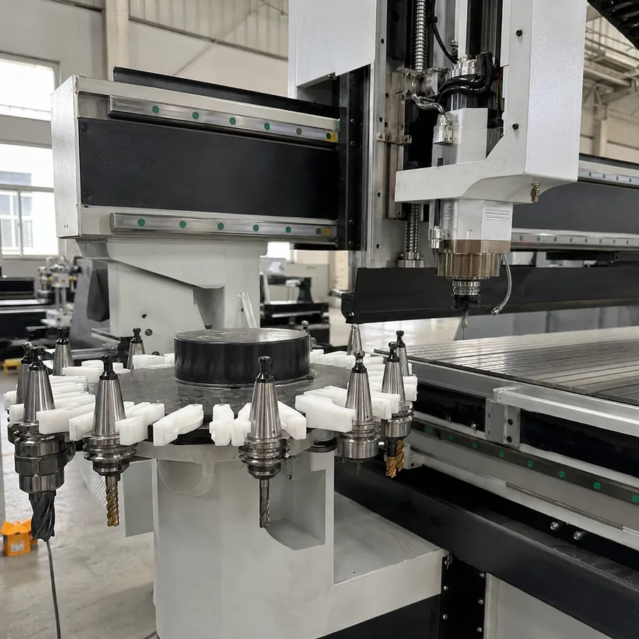 Realistic scene illustration of an ATC CNC router carousel tool magazine with multiple tool holders
