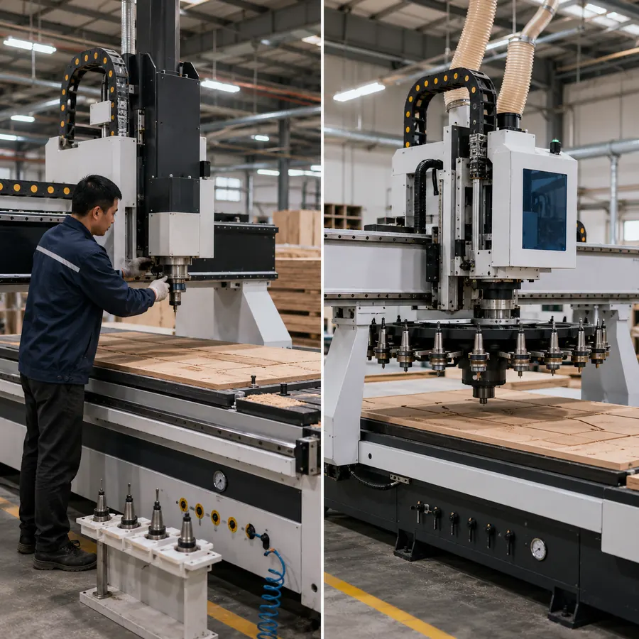 Realistic scene illustration comparing a regular CNC router with manual tool change and an ATC CNC router with automatic tool magazine