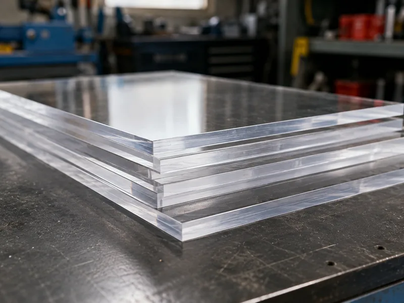 Láminas de acrílico transparente apiladas en un taller antes del mecanizado CNC, ilustración realista de la escena