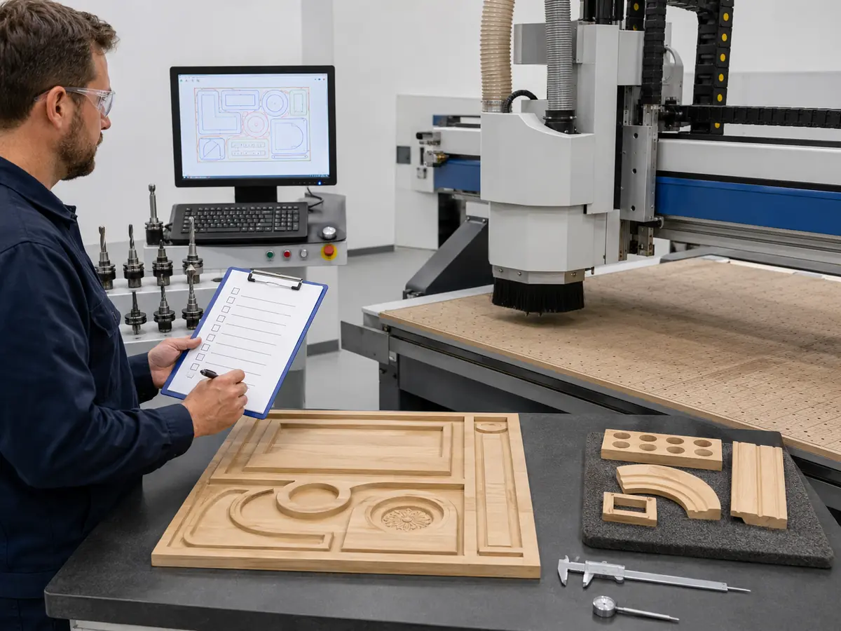 Operador de CNC revisando un programa de mecanizado y piezas de muestra junto a un router industrial