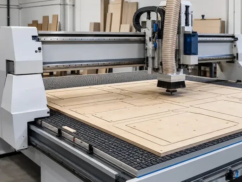 ماكينة راوتر CNC تثبّت لوحًا خشبيًا كبيرًا وتقطعه على طاولة مسطحة