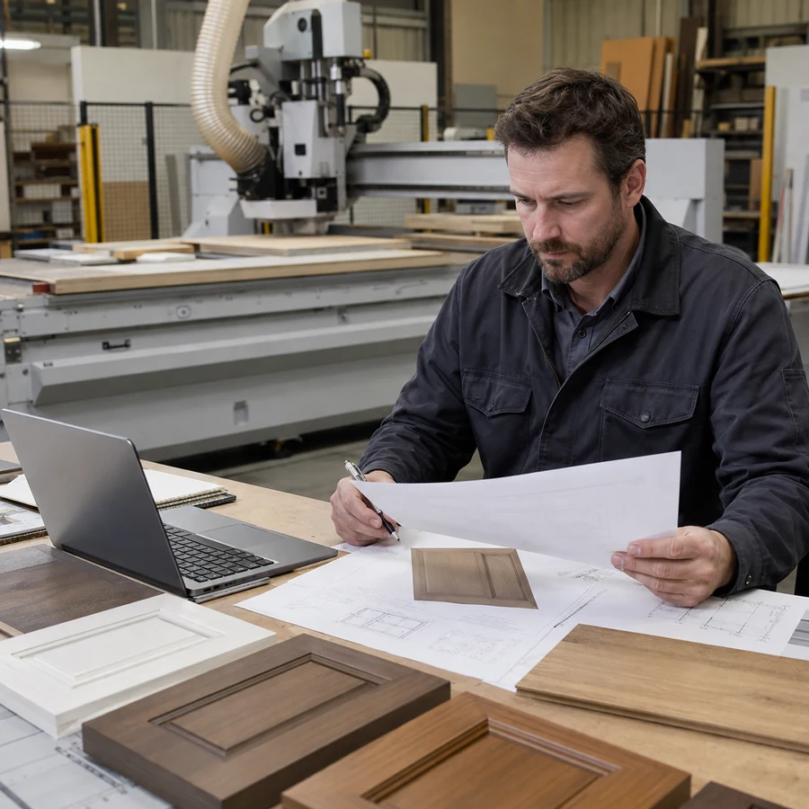 Illustration réaliste d'un responsable de production examinant des plans de fraiseuse CNC, les besoins en outils, des échantillons de matériaux et les informations du projet