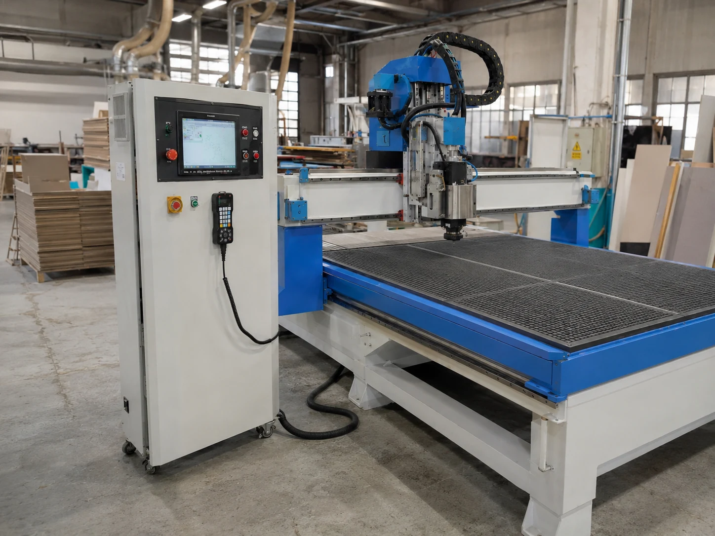 خزانة التحكم وواجهة المشغل لماكينة الراوتر CNC طراز K1325 ATC داخل ورشة