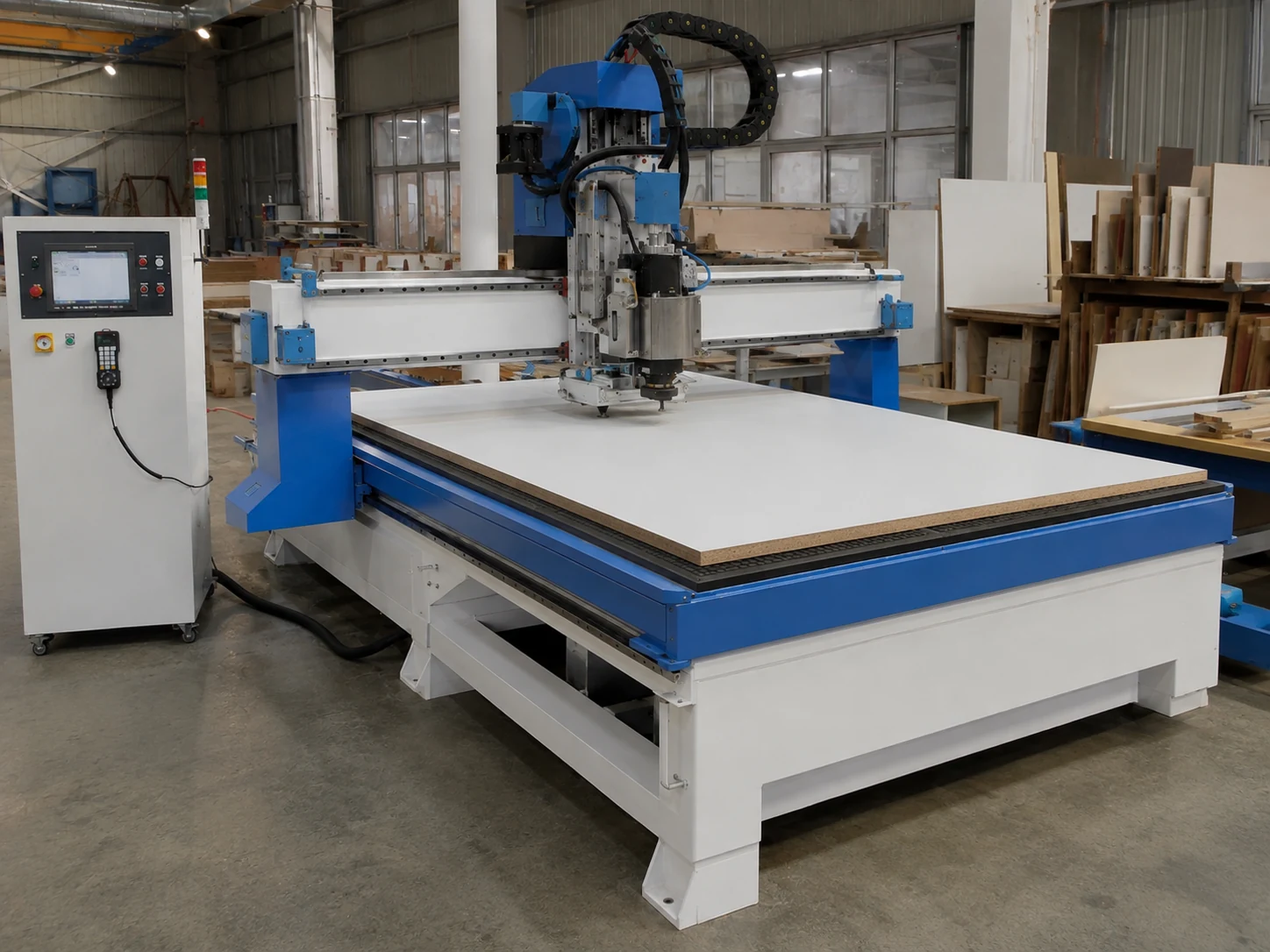ماكينة الراوتر CNC طراز K1325 ATC مع لوح على طاولة التفريغ