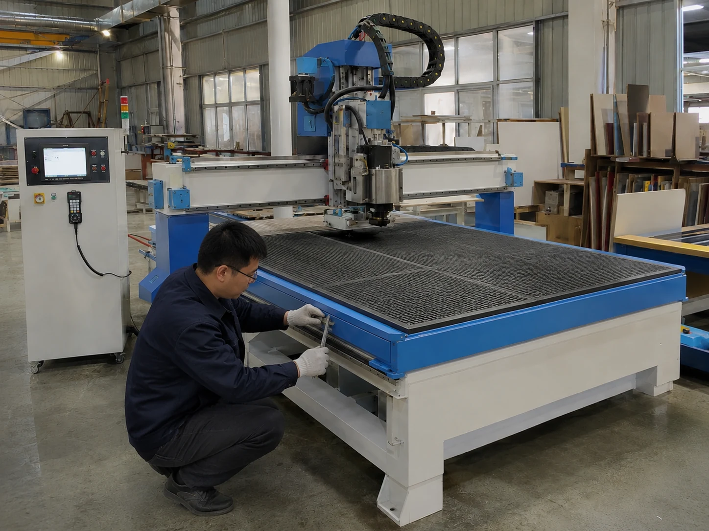 فني يفحص ماكينة الراوتر CNC طراز K1325 ATC قبل التسليم